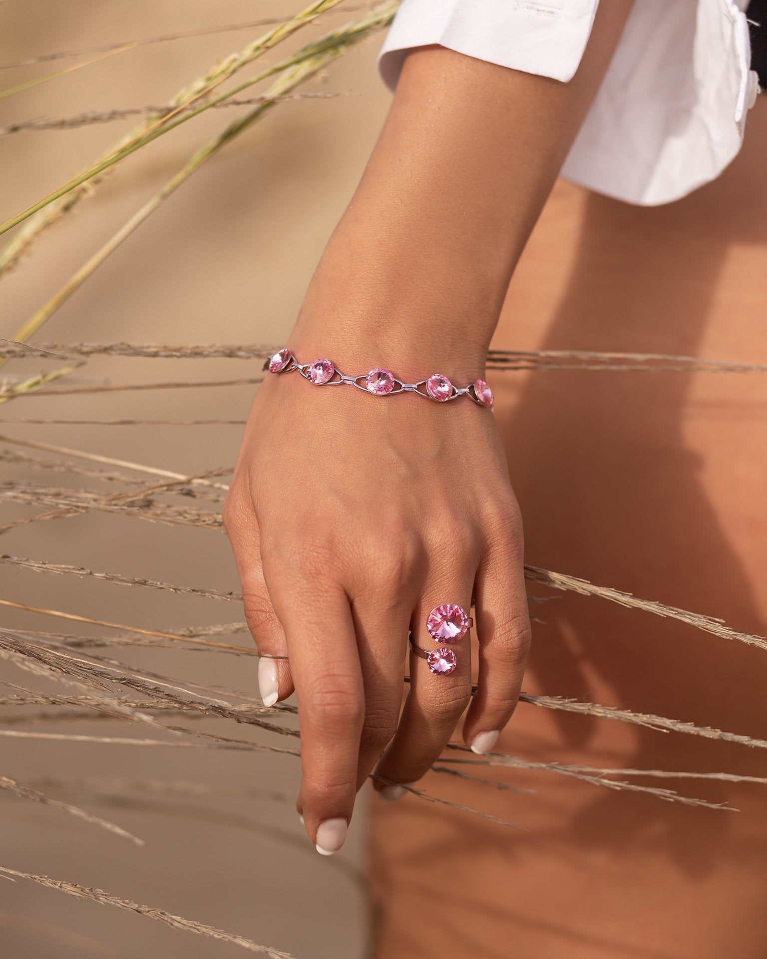 Alessia - Rhodium Plated Ring with Swarovski Crystals-Light Rose - Sensa Milano
