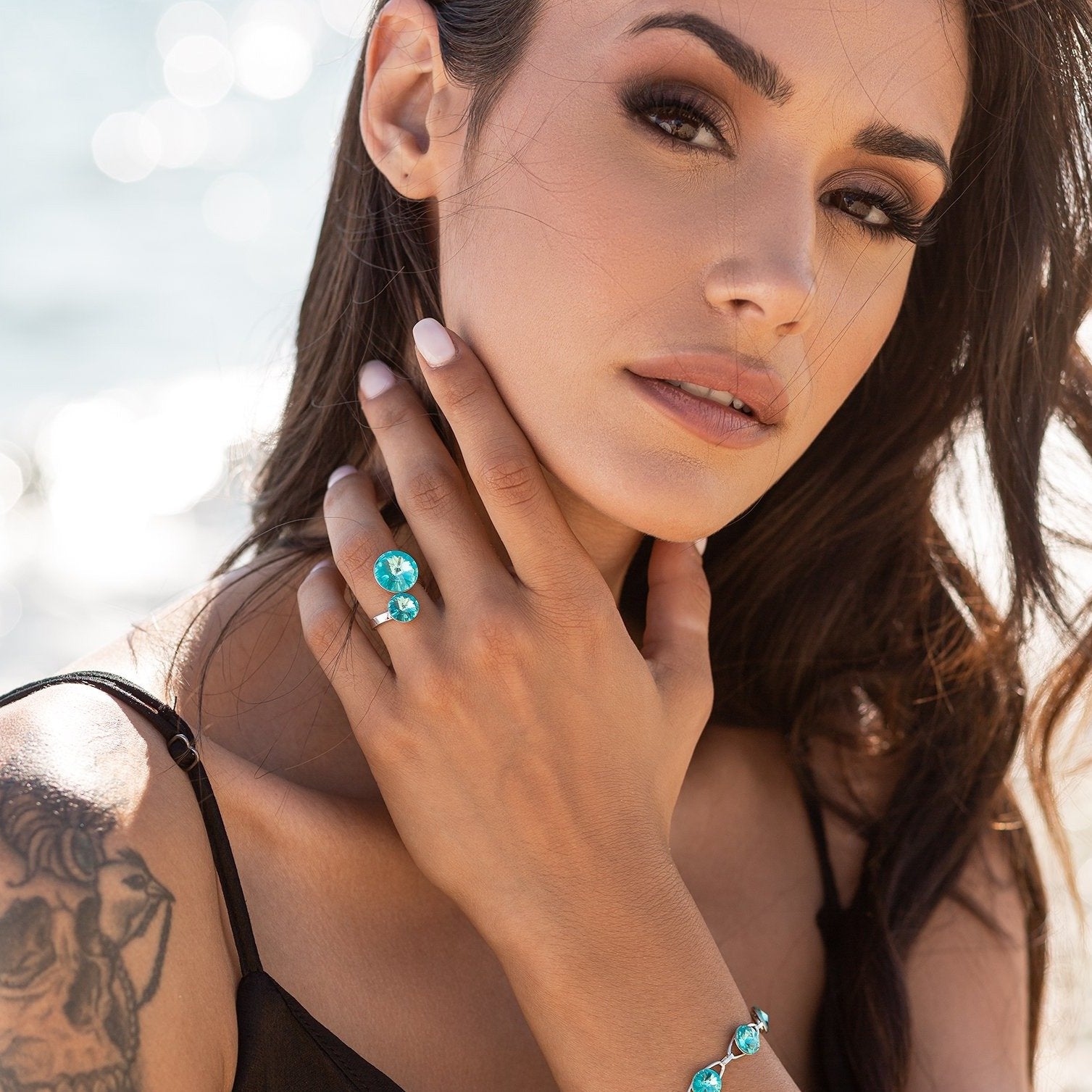 Alessia - Rhodium Plated Ring with Swarovski Crystals-Turquoise - Sensa Milano