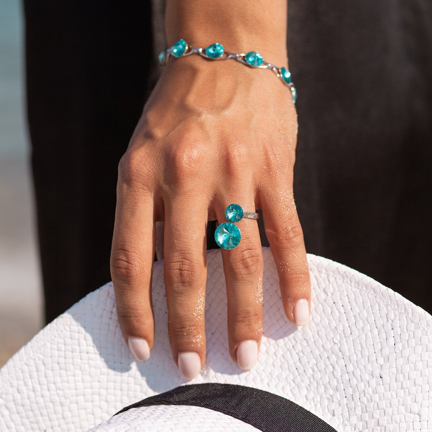 Alessia - Rhodium Plated Ring with Swarovski Crystals-Turquoise - Sensa Milano